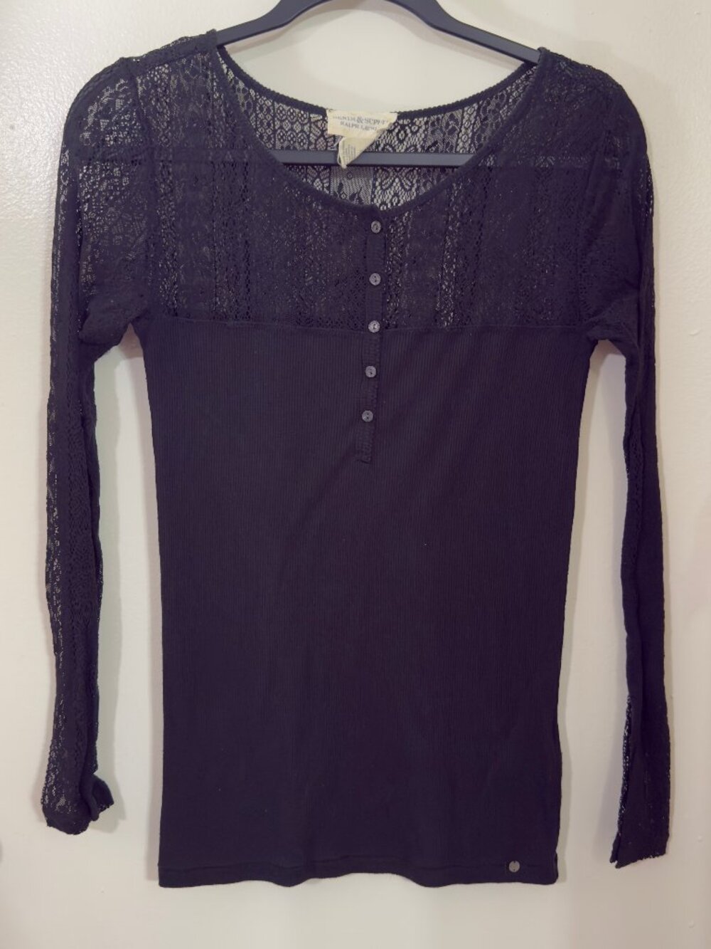 Ralph Lauren Denim & Supply Black Ribbed Lace Sleeve Shirt Size M 90's Y2K